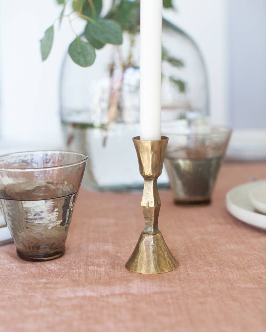 Diamond-Texture Iron Candle Stand – Low, Brass Finish