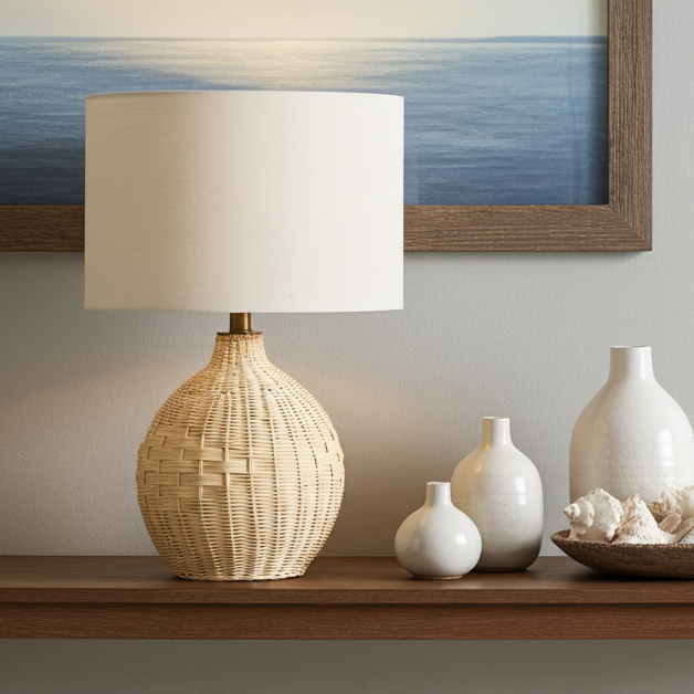 Sylvie Rattan Table Lamp – Linen Shade