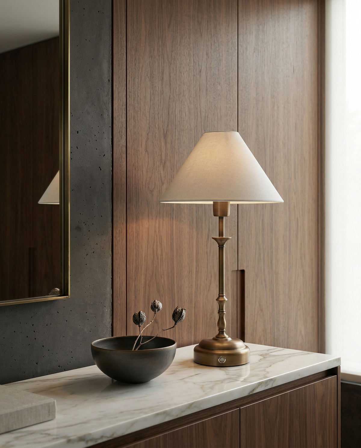 Vera Portable Table Lamp – Antique Bronze, Linen Shade