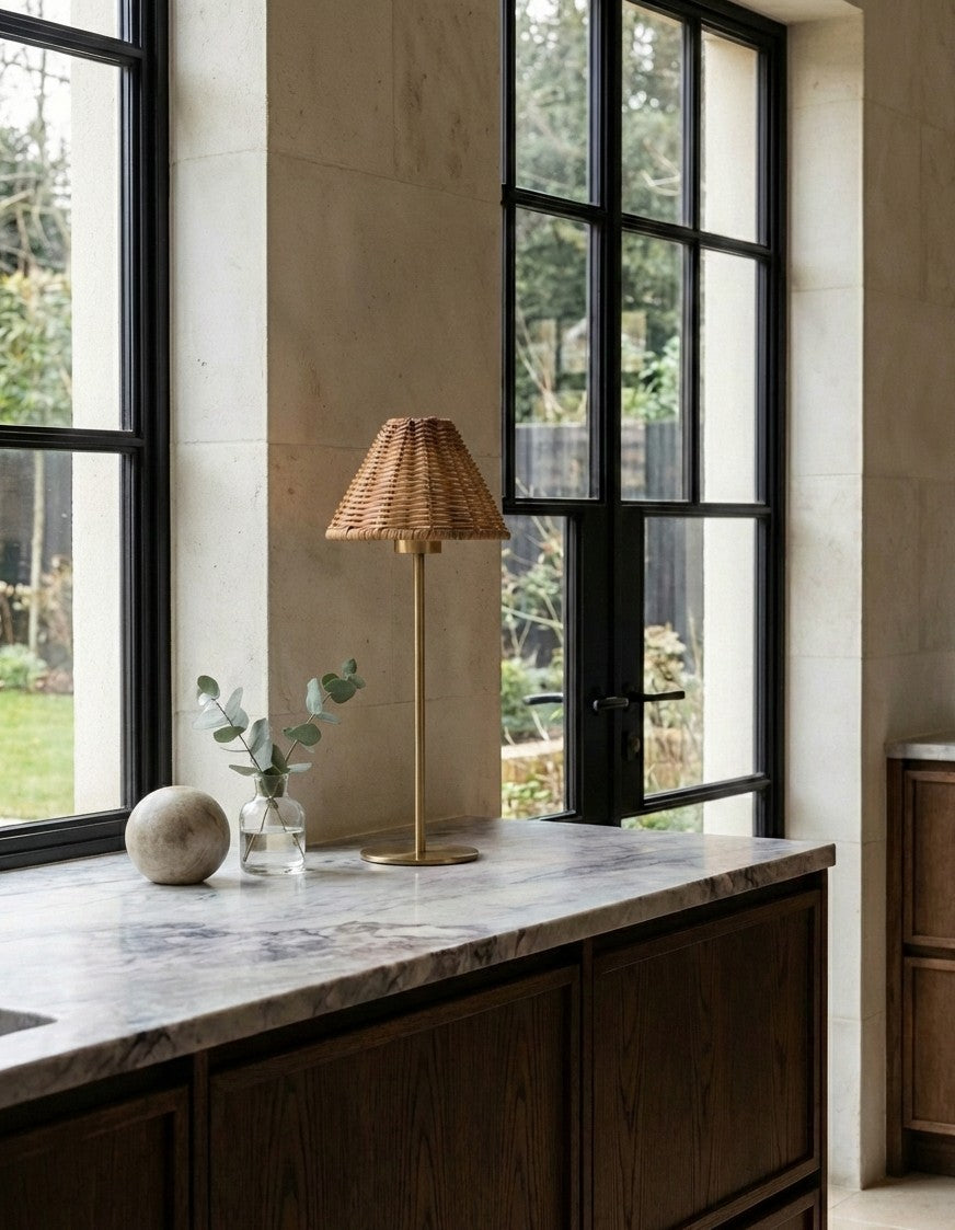 Margot Brass Portable Lamp – Rattan Shade
