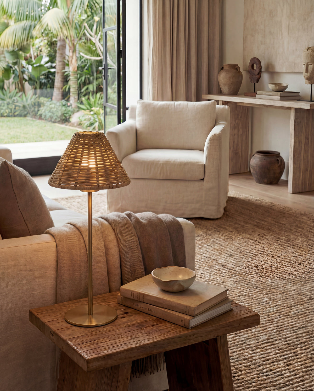 Margot Brass Portable Lamp – Rattan Shade