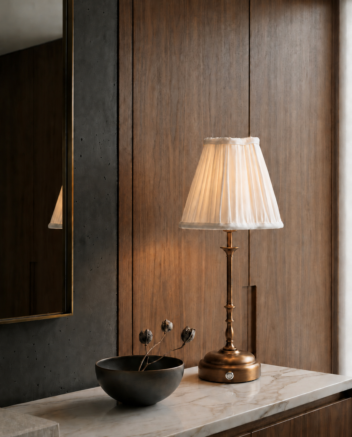 Odette Portable Table Lamp – Antique Bronze, Linen Pleated Shade