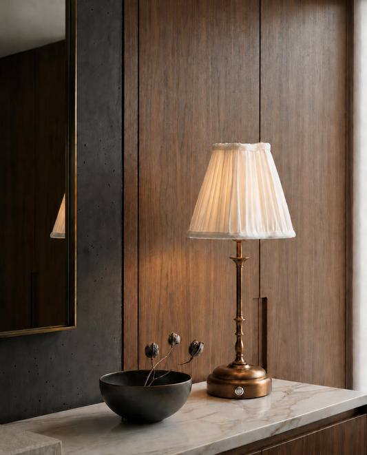 Odette Portable Table Lamp – Antique Bronze, Linen Pleated Shade