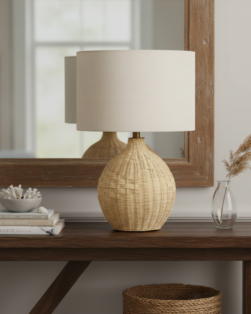 Sylvie Rattan Table Lamp – Linen Shade