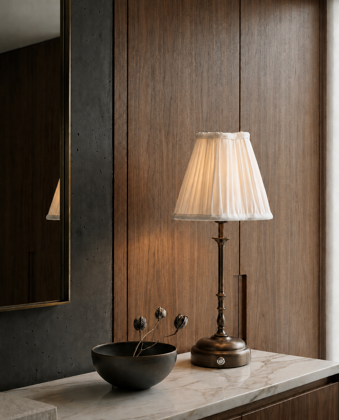 Odette Portable Table Lamp – Dark Bronze, Linen Pleated Shade