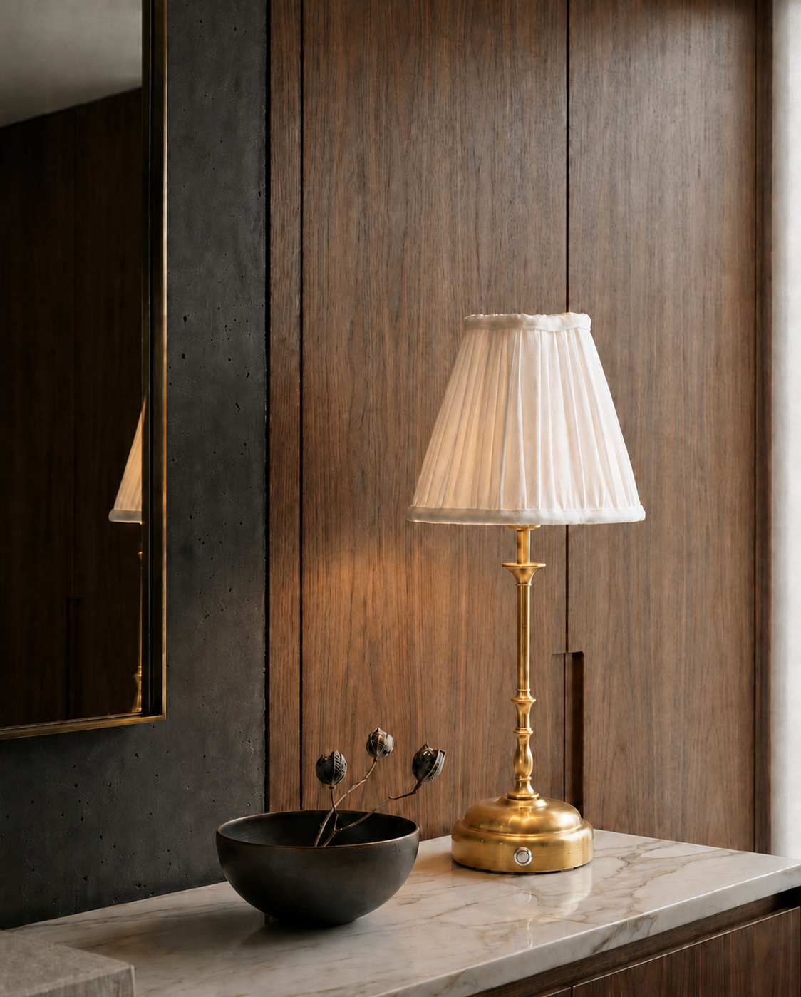 Odette Portable Table Lamp – Gold, Linen Pleated Shade