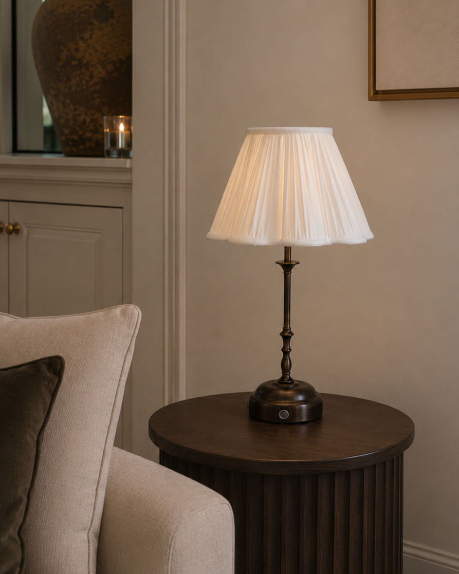 Odette Portable Table Lamp – Dark Bronze, Silk-Look Pleated Shade